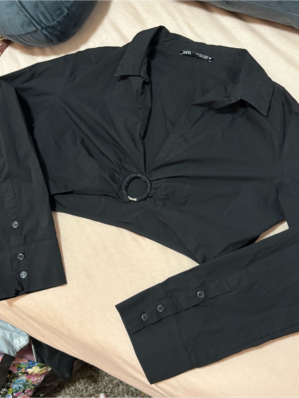 Zara Black Cropped Ring-Front Button Down Shirt